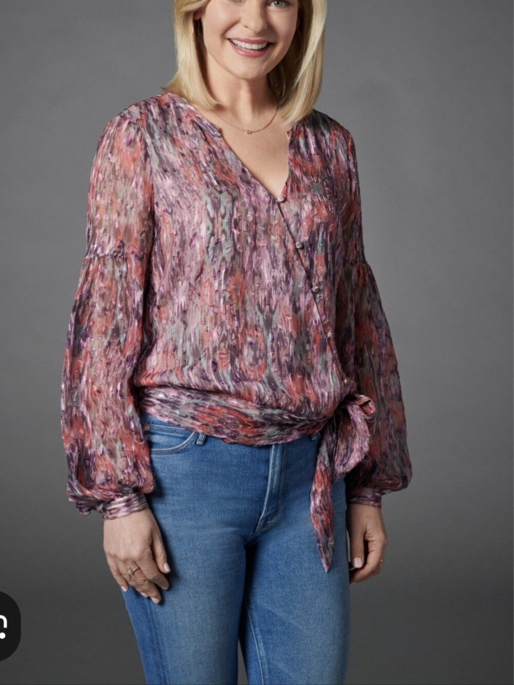 Parker Pink Multi-Color Silk  Blend Pink Abstract Design Tie-Waist Blouse